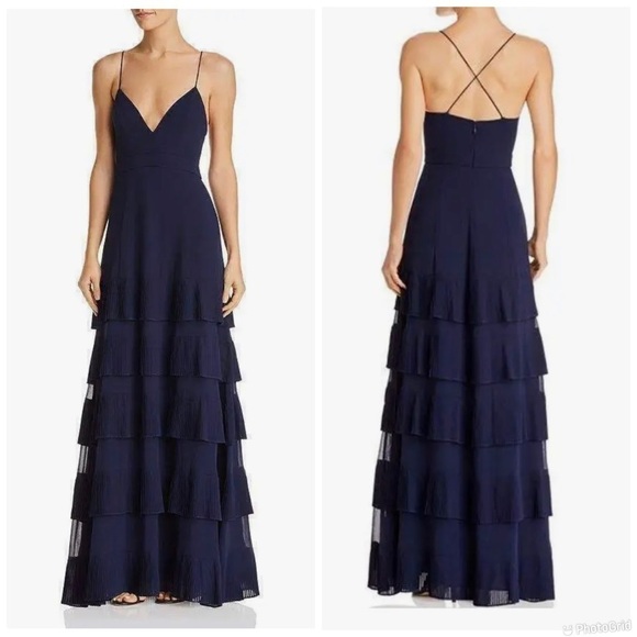 NEW Fame and Partners Rosen Tiered-Pleat Gown Navy - Picture 1 of 10